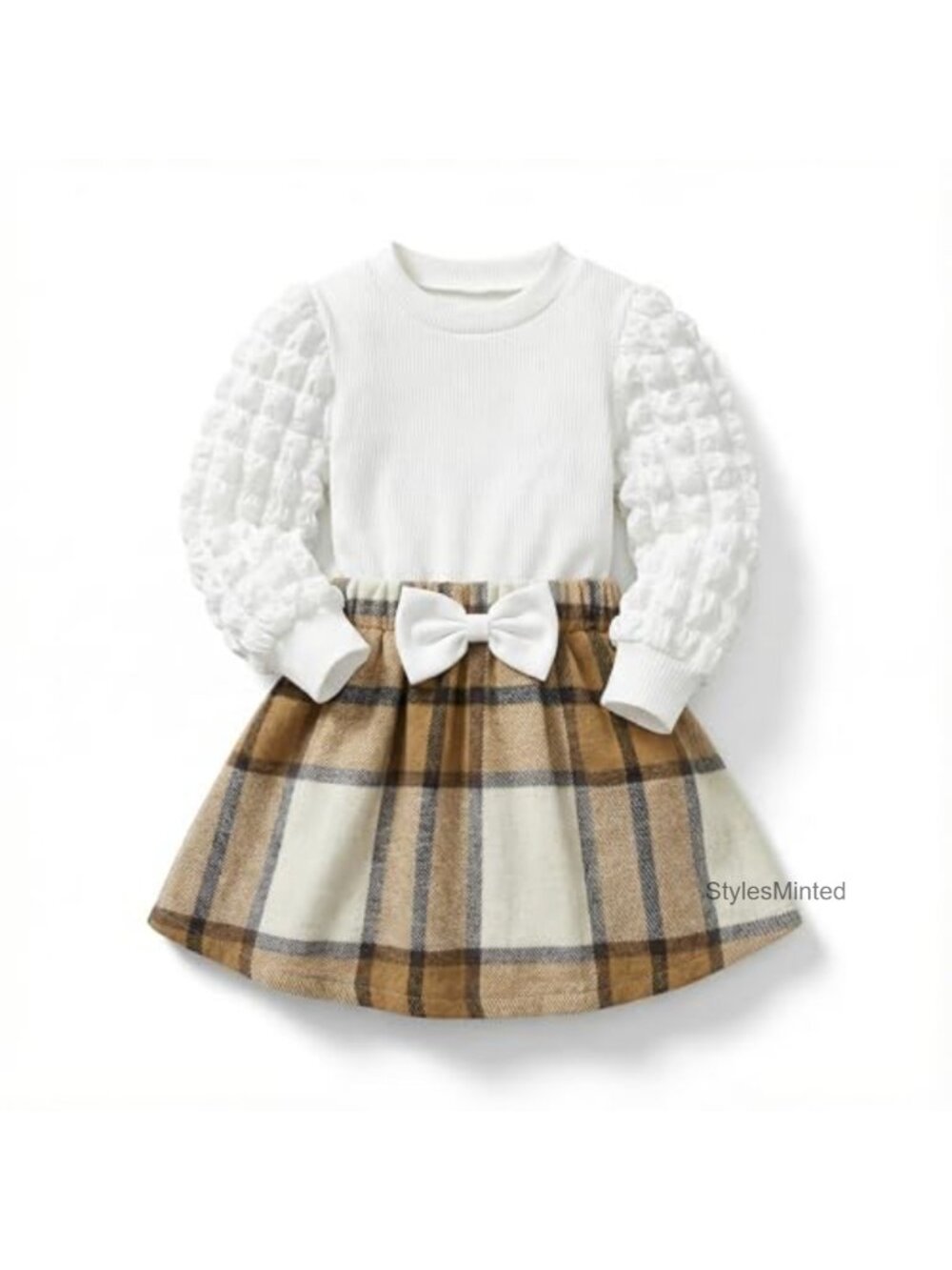 Toddler Girls 2 Piece Outfit Puff Sleeve Knit Top Flared Mini Skirt Set